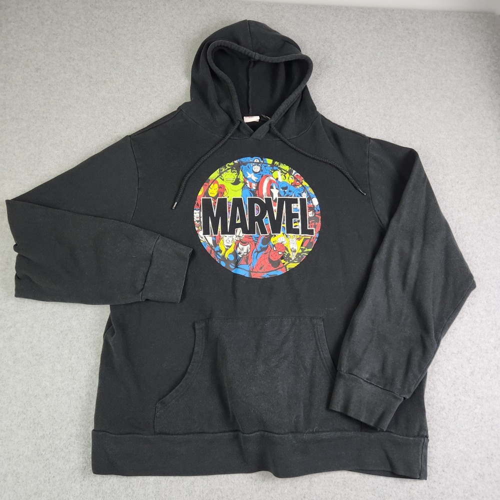 Marvel Hoodie Men XL Black Avengers Graphic Print Knit Cotton Superhero Pullover